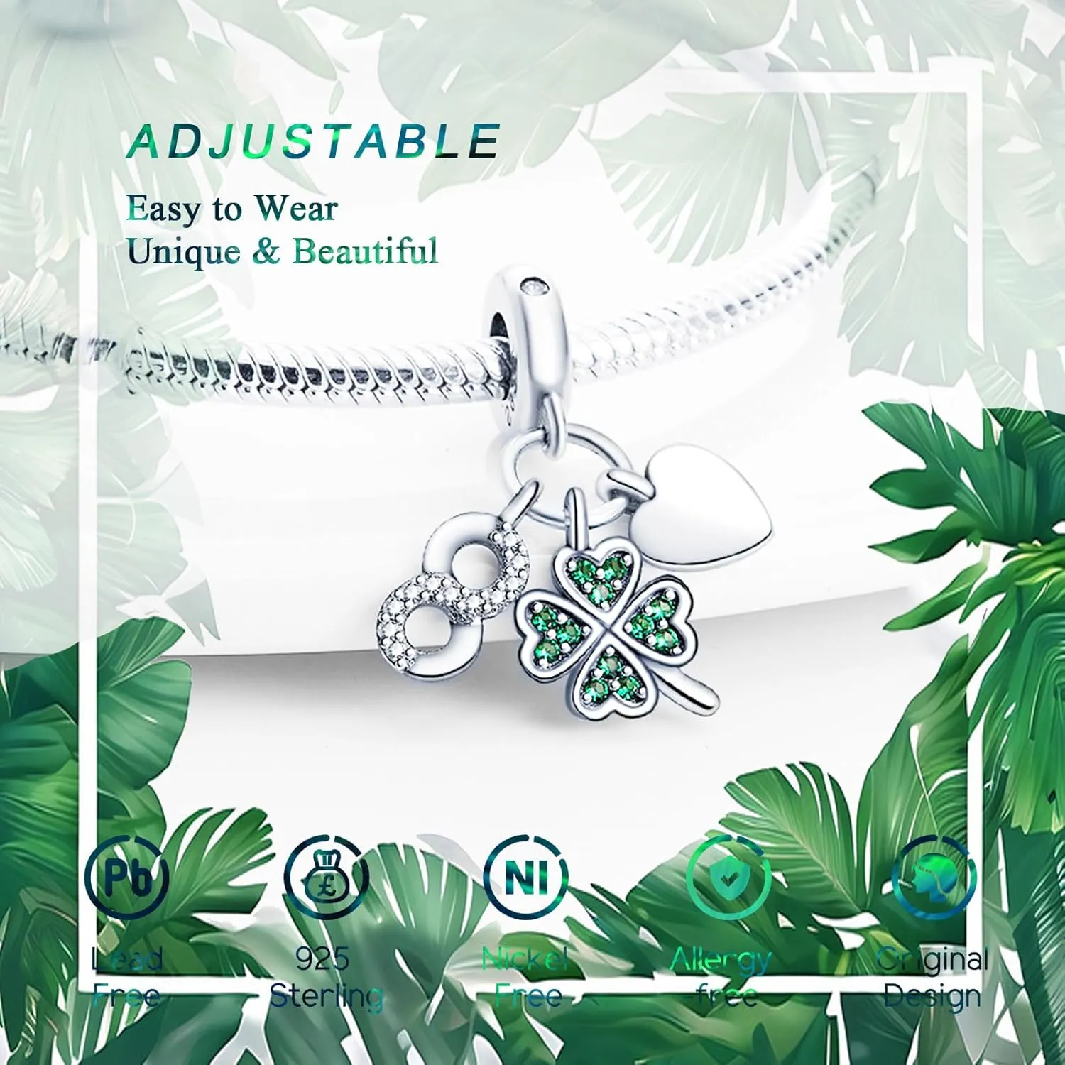 925 Sterling Silver Charms Beads for Bracelets Necklaces, 4 Four Clover Leaf Sunflower Ladybird Honeycomb Infinite Heart Pendant, Green Flower Lucky Jewelry Birthday Gifts for Women Men