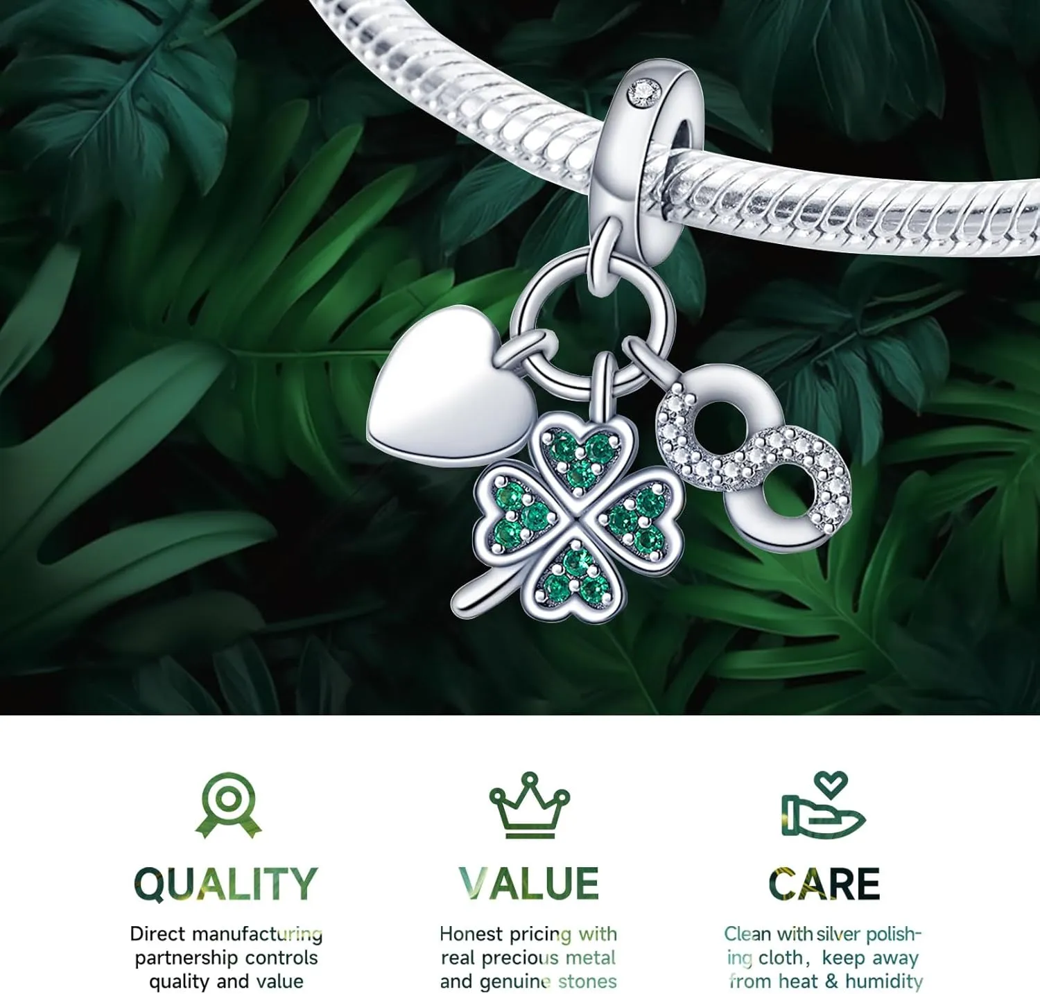 925 Sterling Silver Charms Beads for Bracelets Necklaces, 4 Four Clover Leaf Sunflower Ladybird Honeycomb Infinite Heart Pendant, Green Flower Lucky Jewelry Birthday Gifts for Women Men