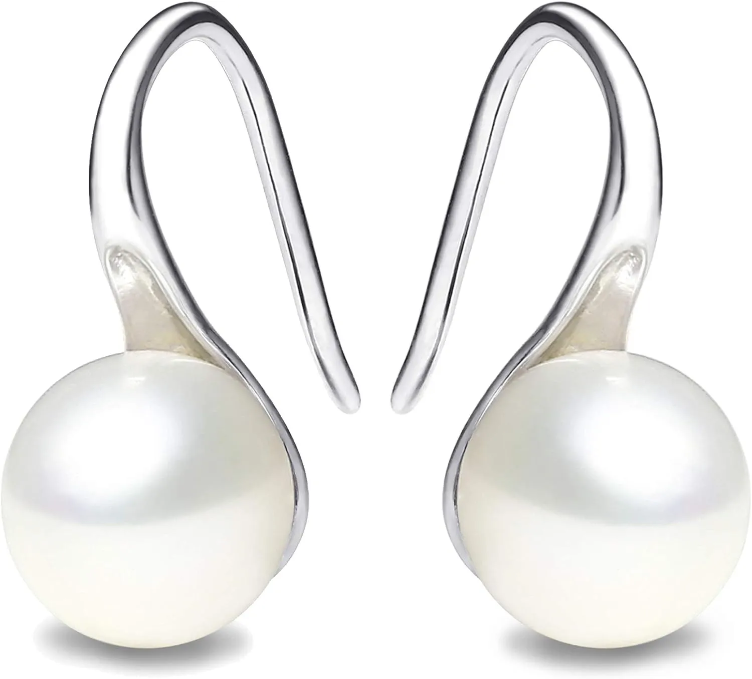 925 Sterling Silver Hoop Handpicked AAA  Quality 7.5-8mm White Freshwater Cultured Pearl Dangle Drop Earrings Jewelry for Women