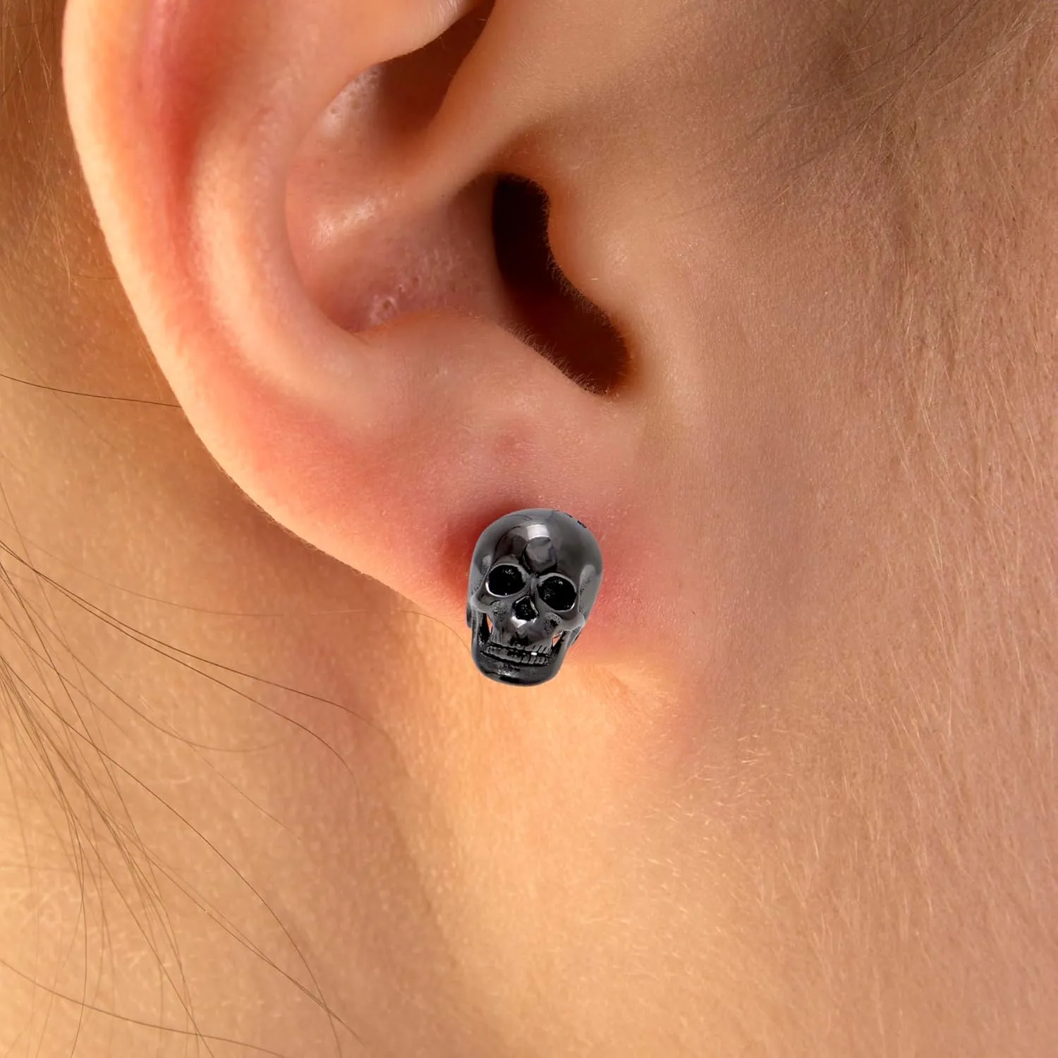 925 Sterling Silver Human Skull Earrings Studs for Men Women Halloween Costume, Black Gold Plated