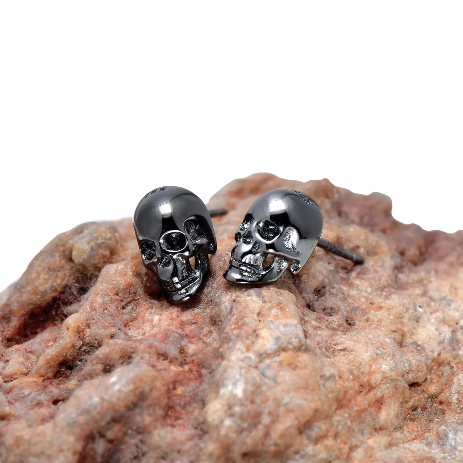 925 Sterling Silver Human Skull Earrings Studs for Men Women Halloween Costume, Black Gold Plated