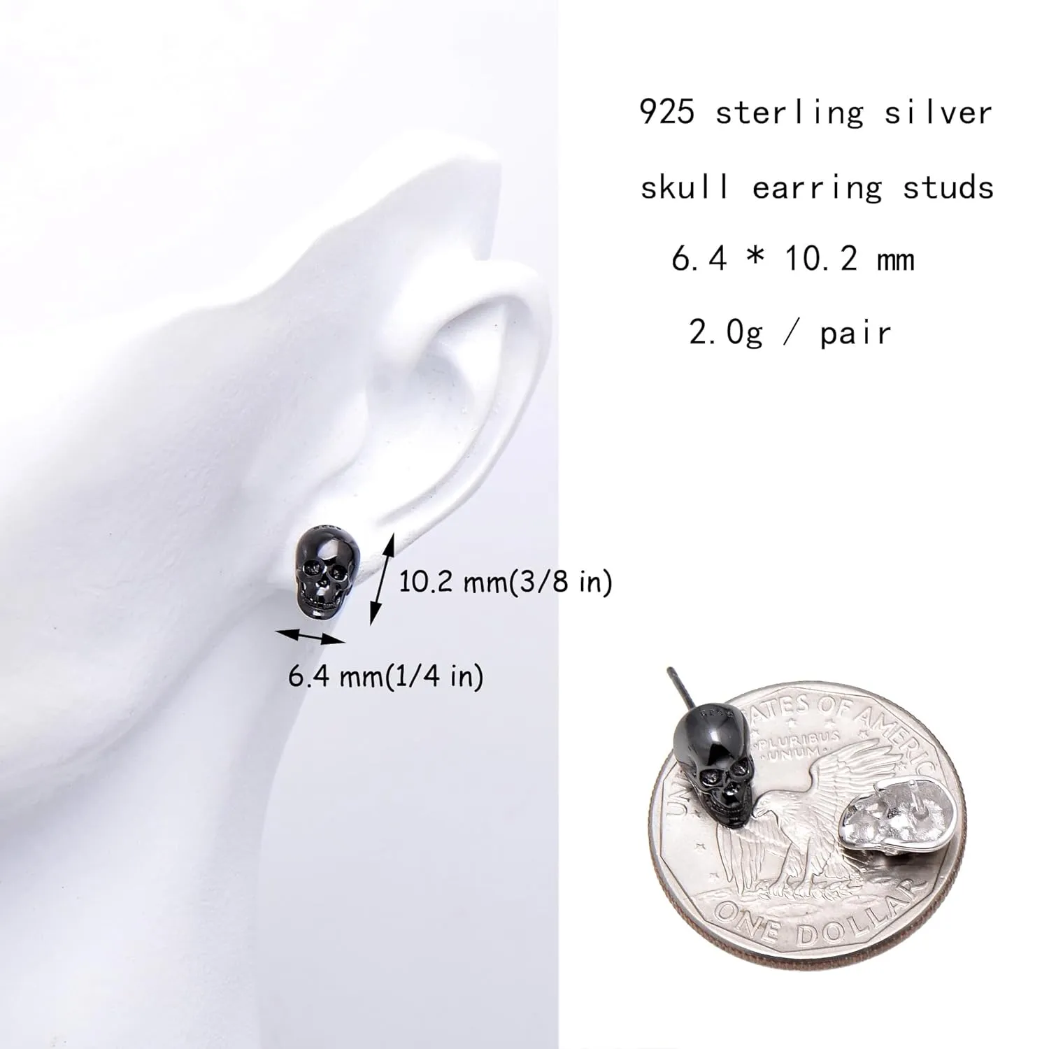 925 Sterling Silver Human Skull Earrings Studs for Men Women Halloween Costume, Black Gold Plated