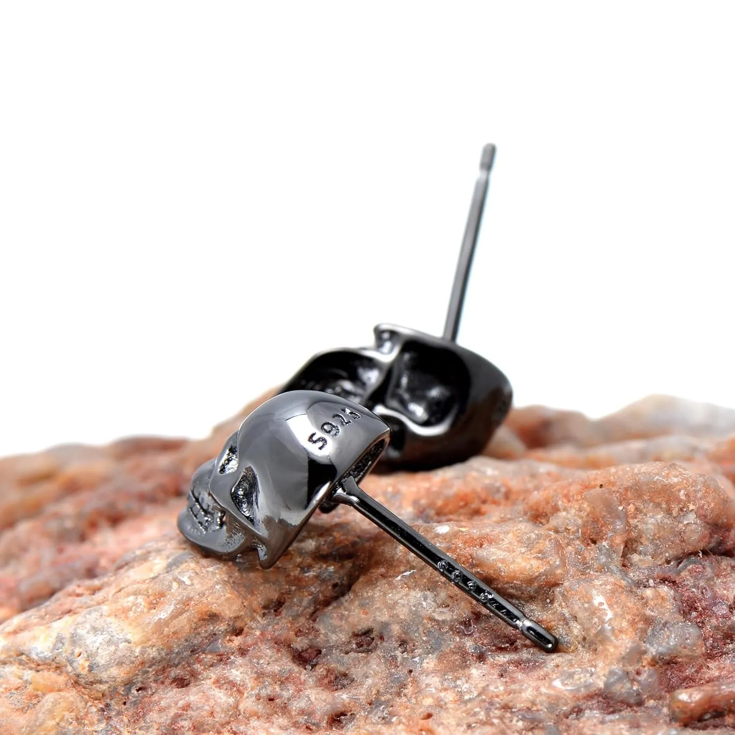 925 Sterling Silver Human Skull Earrings Studs for Men Women Halloween Costume, Black Gold Plated