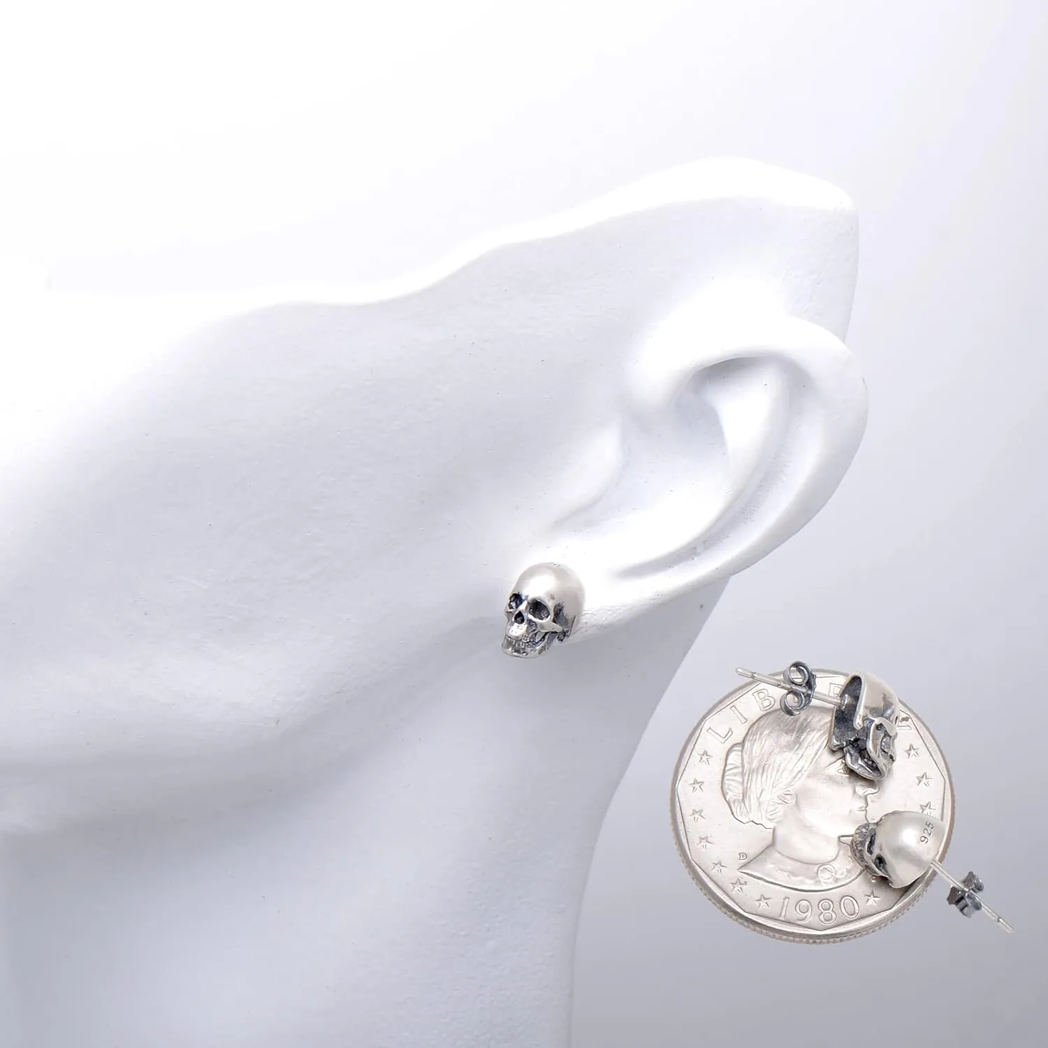 925 Sterling Silver Human Skull Earrings Studs for Men Women Halloween Costume, Oxidized