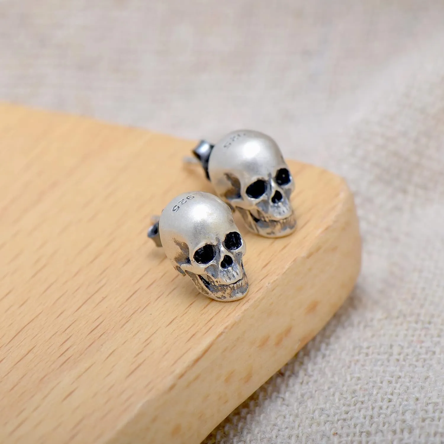 925 Sterling Silver Human Skull Earrings Studs for Men Women Halloween Costume, Oxidized