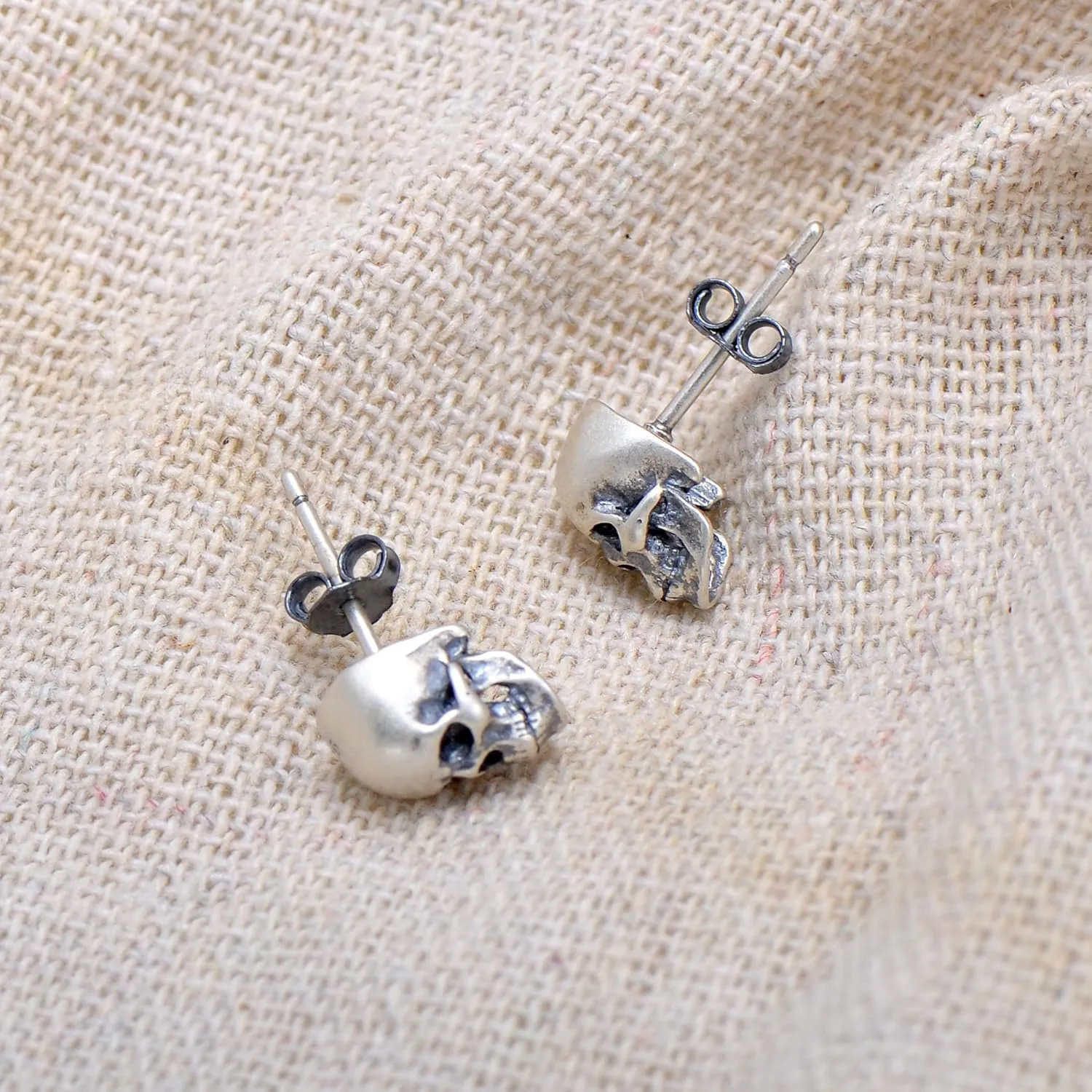 925 Sterling Silver Human Skull Earrings Studs for Men Women Halloween Costume, Oxidized