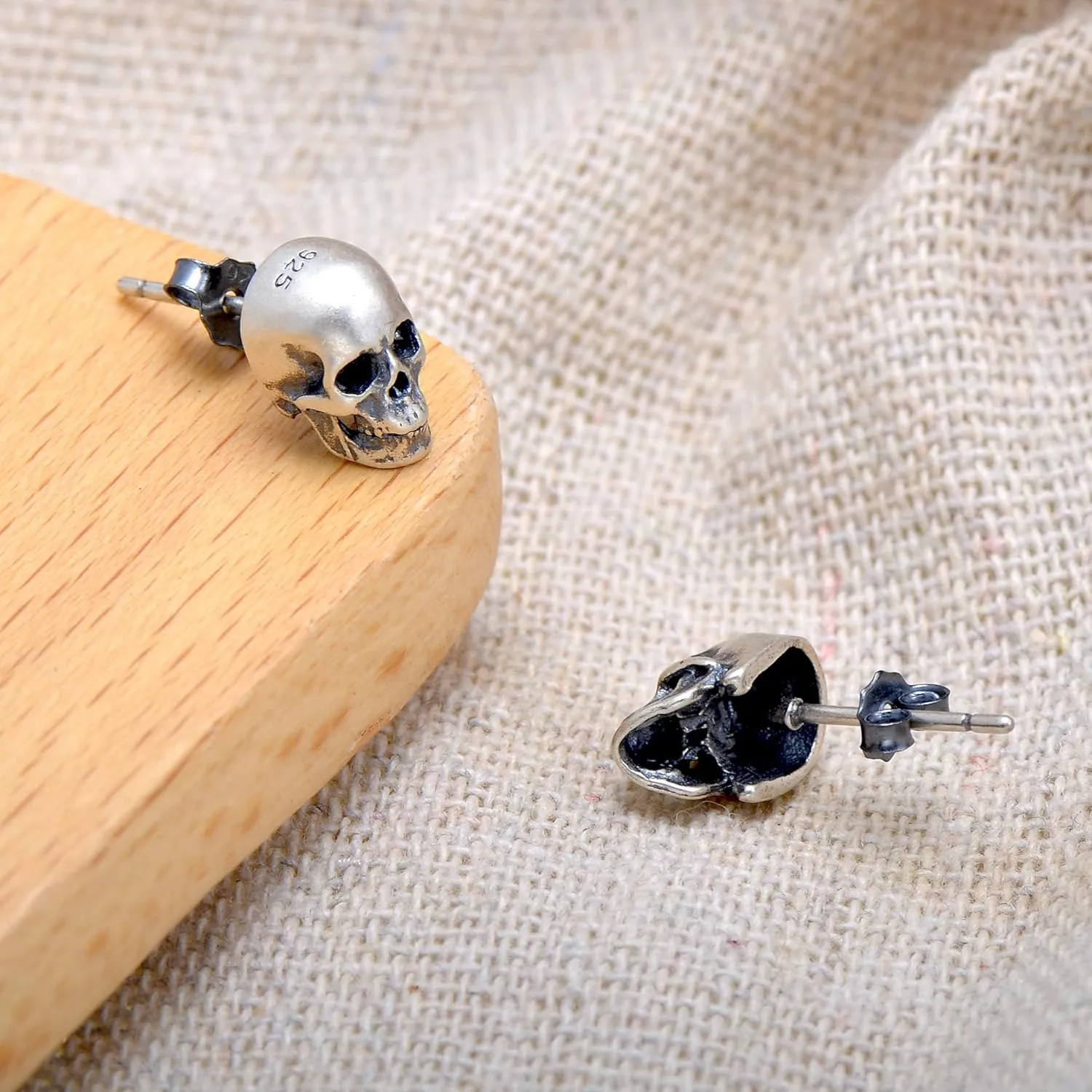 925 Sterling Silver Human Skull Earrings Studs for Men Women Halloween Costume, Oxidized