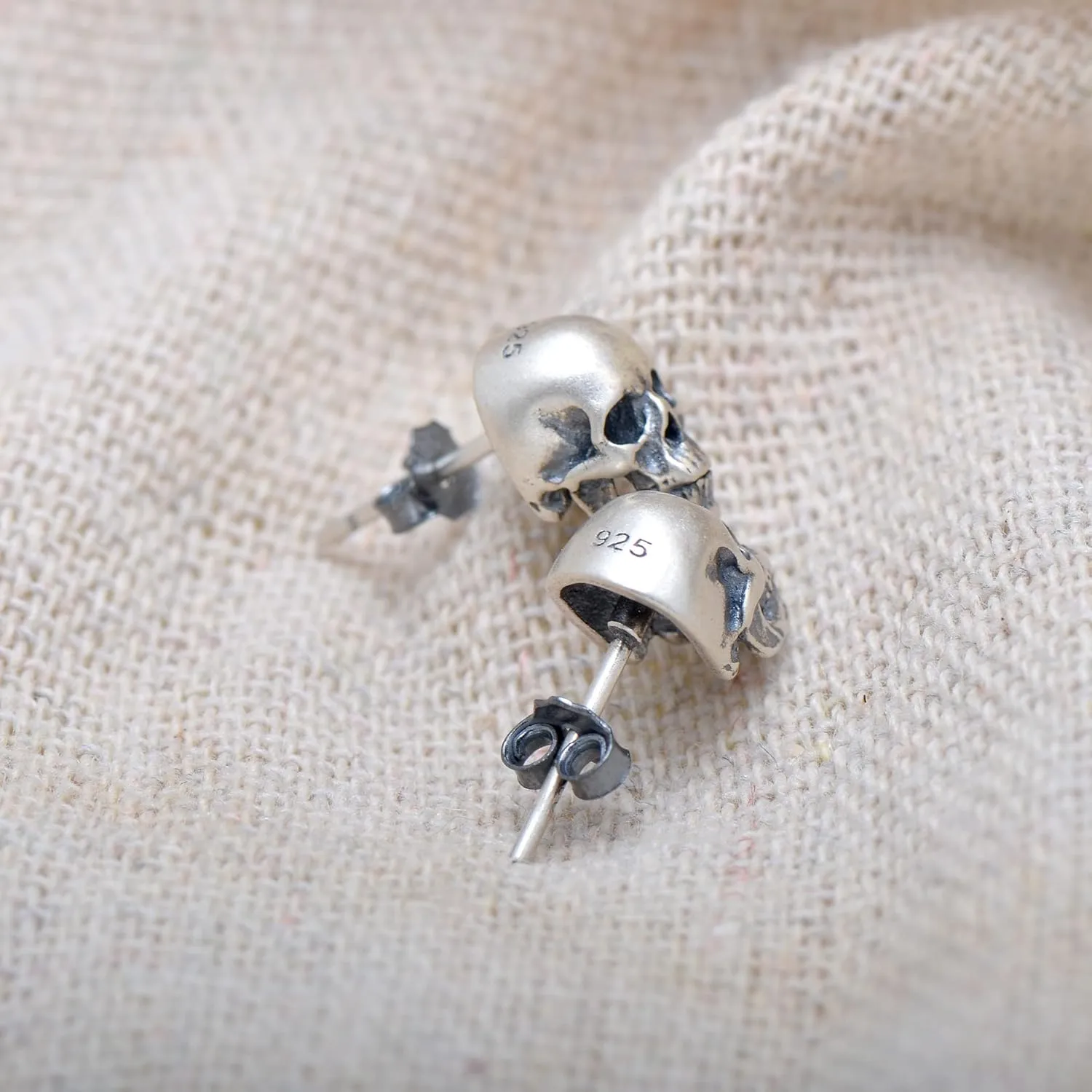 925 Sterling Silver Human Skull Earrings Studs for Men Women Halloween Costume, Oxidized