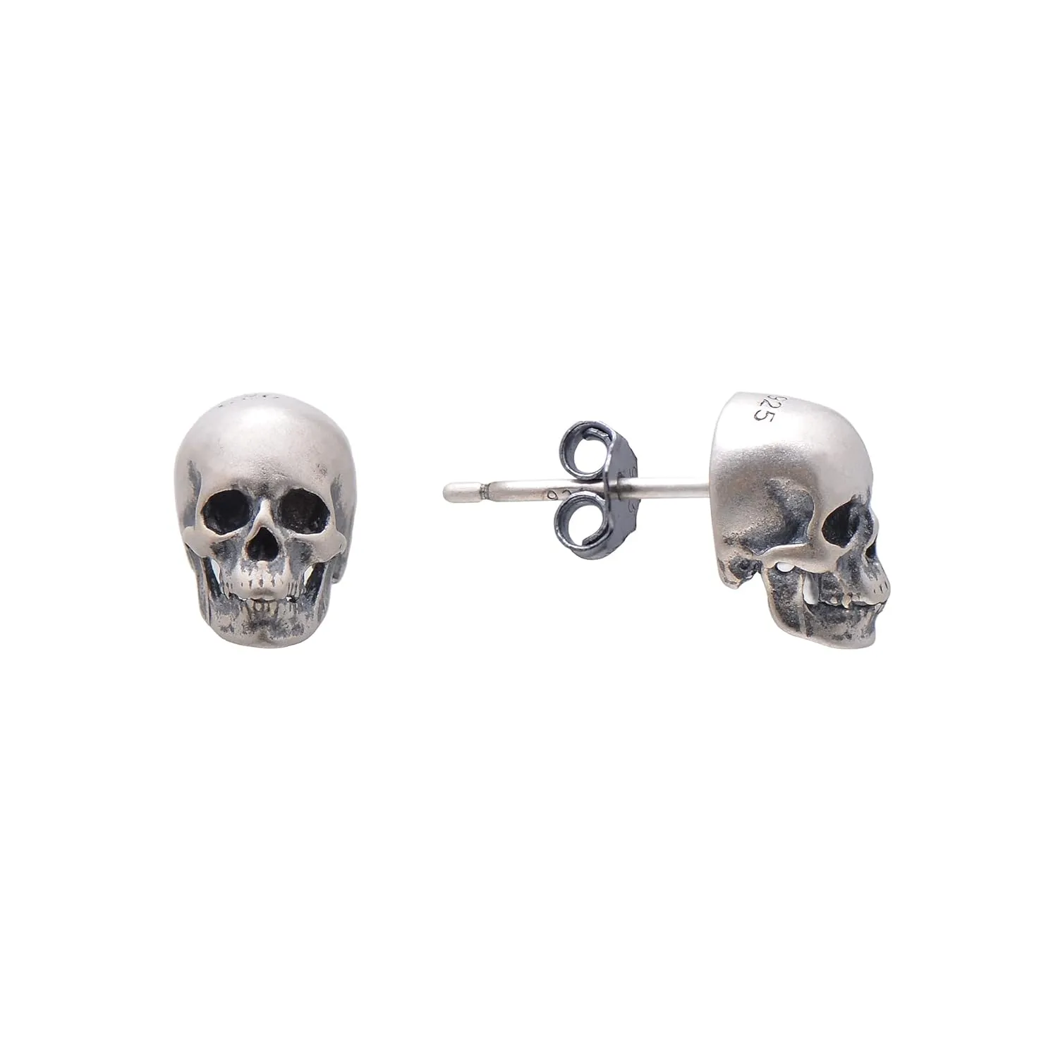 925 Sterling Silver Human Skull Earrings Studs for Men Women Halloween Costume, Oxidized