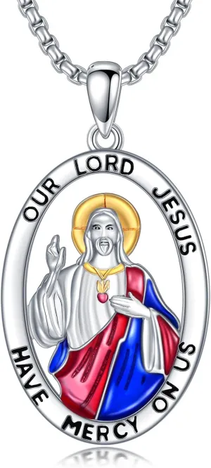 925 Sterling Silver Jesus/Virgin Mary Necklace Amulet Medal Pendant Religious Protection Jewelry Christian Gifts for Men Women