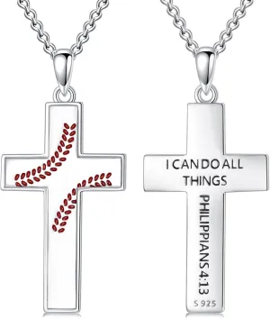 925 Sterling Silver Sport Necklaces I CAN DO ALL THINGS Bible Verse Cross Pendant Sports Fan Gifts for Men Women Athletes Sport Lovers