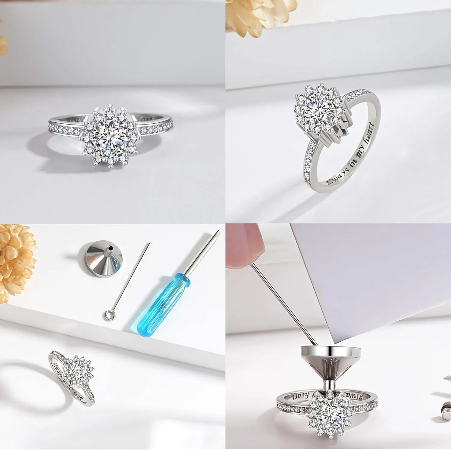 925 Sterling Silver Urn Rings for Ashes for Women - Sunflower Ash Ring Cubic Zirconia Memorial Keepsake Cremation Jewelry Gifts for Loss of a Loved One
