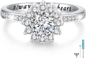 925 Sterling Silver Urn Rings for Ashes for Women - Sunflower Ash Ring Cubic Zirconia Memorial Keepsake Cremation Jewelry Gifts for Loss of a Loved One