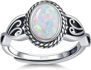 Adjustable Rings for Women 925 Sterling Silver Rings Womens Vintage Rings with 6 * 8mm Oval Teal Turquoise/Turquoise/Moonstone/Opal Statement Rings Fit Women Size 6-9