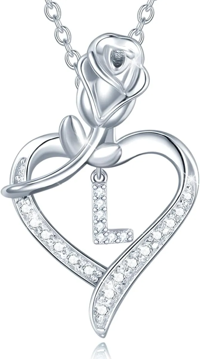 AGVANA Sterling Silver Initial Necklaces for Her Rose Flower Heart Letter L Pendant Initial Necklace Jewelry Anniversary Birthday Gifts for Women Mom Wife