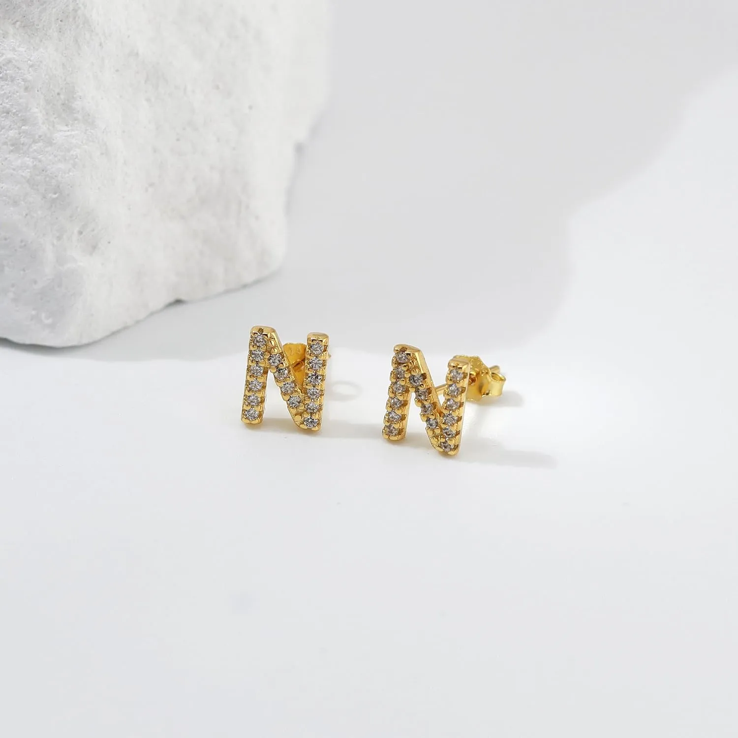AILUOR Initial Stud Earrings for Women, Sterling Silver CZ Initial Letter Stud Earrings for Women 14K Gold Plated Simulated Diamond Hypoallergenic Alphabet Letter Earrings for Women Birthday Gifts Jewelry