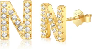 AILUOR Initial Stud Earrings for Women, Sterling Silver CZ Initial Letter Stud Earrings for Women 14K Gold Plated Simulated Diamond Hypoallergenic Alphabet Letter Earrings for Women Birthday Gifts Jewelry