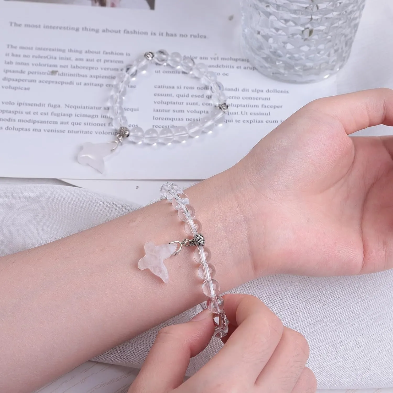 Amogeeli Stone Butterfly Charms Stretch Bracelet with 8 mm Round Beads for Women Healing Crystal Jewelry