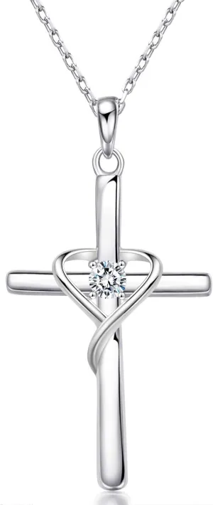 AmorAime 925 Sterling Silver Cross Necklace for Women Men 5A CZ Birthstone Necklaces 14K Gold Plated or Rose Gold Necklace for Easter or Mother's Day