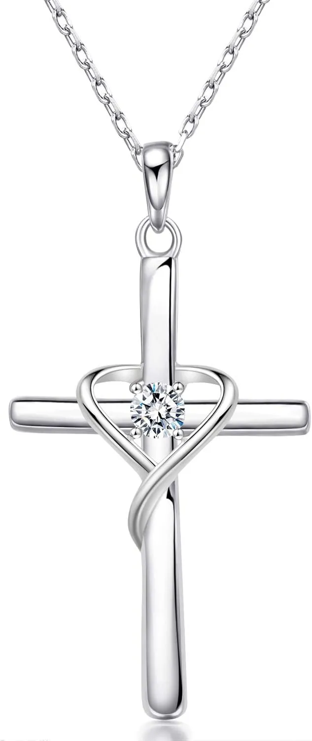 AmorAime 925 Sterling Silver Cross Necklace for Women Men 5A CZ Birthstone Necklaces 14K Gold Plated or Rose Gold Necklace for Easter or Mother's Day