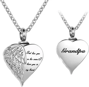 Angel Wing Urn Necklace Ashes Grandpa Heart Cremation Memorial Pendant Engraved God Has You in His Arms I Have You in My Heart