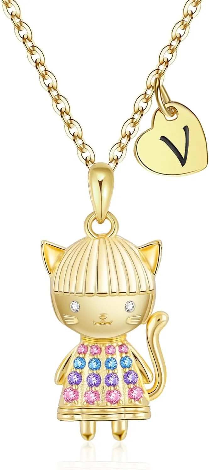 Anime Style 3D Cartoon Cat Girl Necklace for Girls, Kitty Girl Pendant Initial Necklaces for Kids, 14K Gold-Plan Gift for Birthday Party
