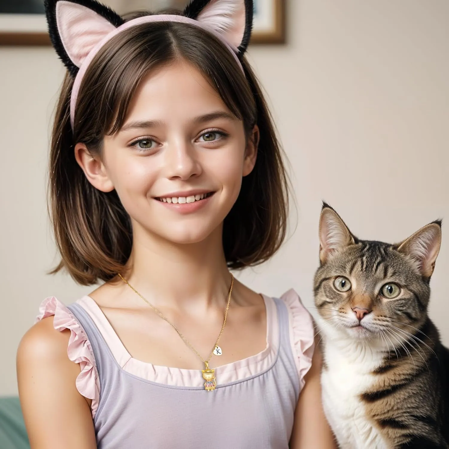 Anime Style 3D Cartoon Cat Girl Necklace for Girls, Kitty Girl Pendant Initial Necklaces for Kids, 14K Gold-Plan Gift for Birthday Party
