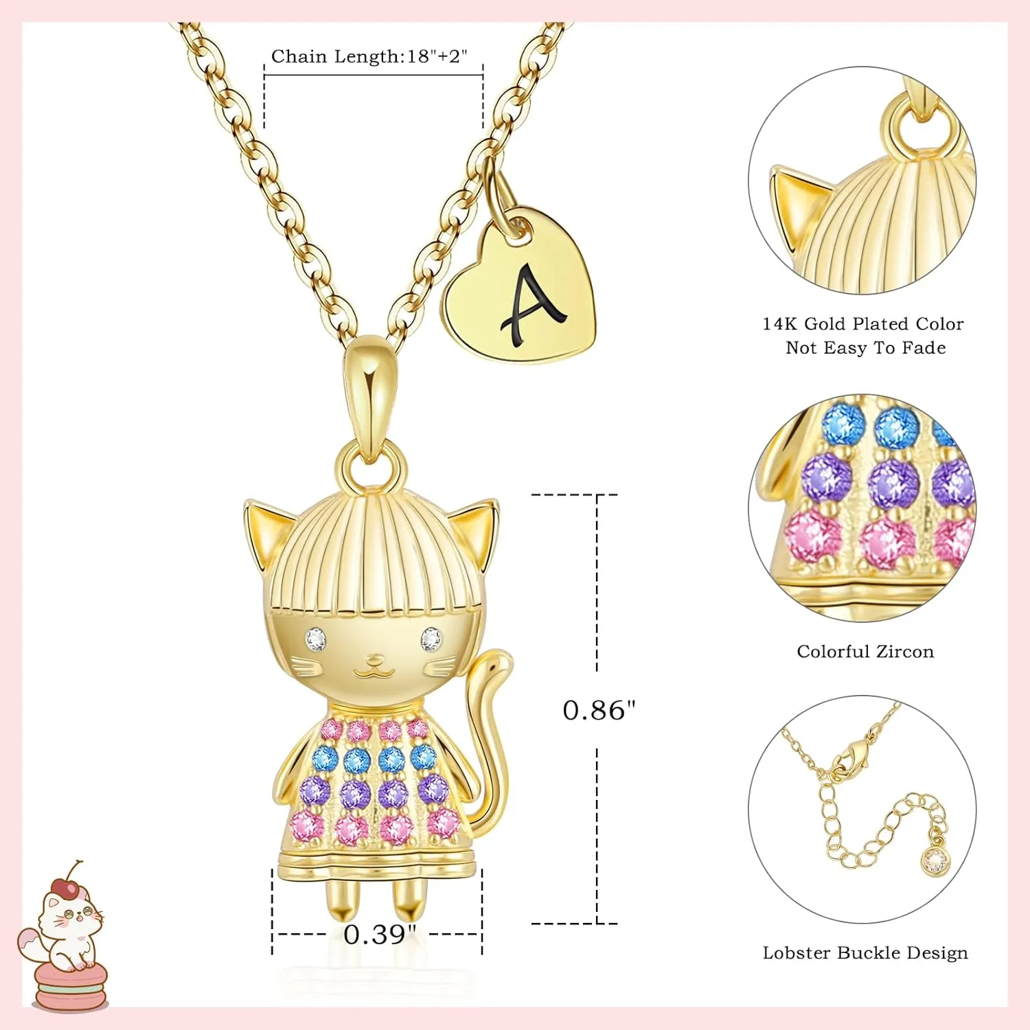 Anime Style 3D Cartoon Cat Girl Necklace for Girls, Kitty Girl Pendant Initial Necklaces for Kids, 14K Gold-Plan Gift for Birthday Party