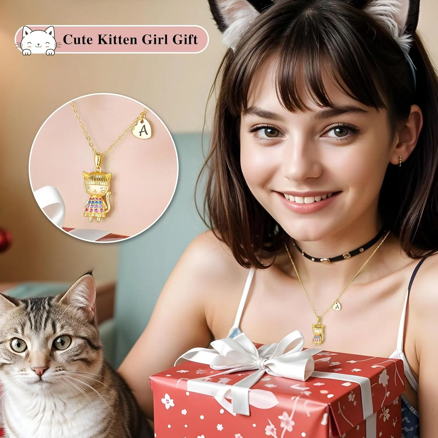 Anime Style 3D Cartoon Cat Girl Necklace for Girls, Kitty Girl Pendant Initial Necklaces for Kids, 14K Gold-Plan Gift for Birthday Party