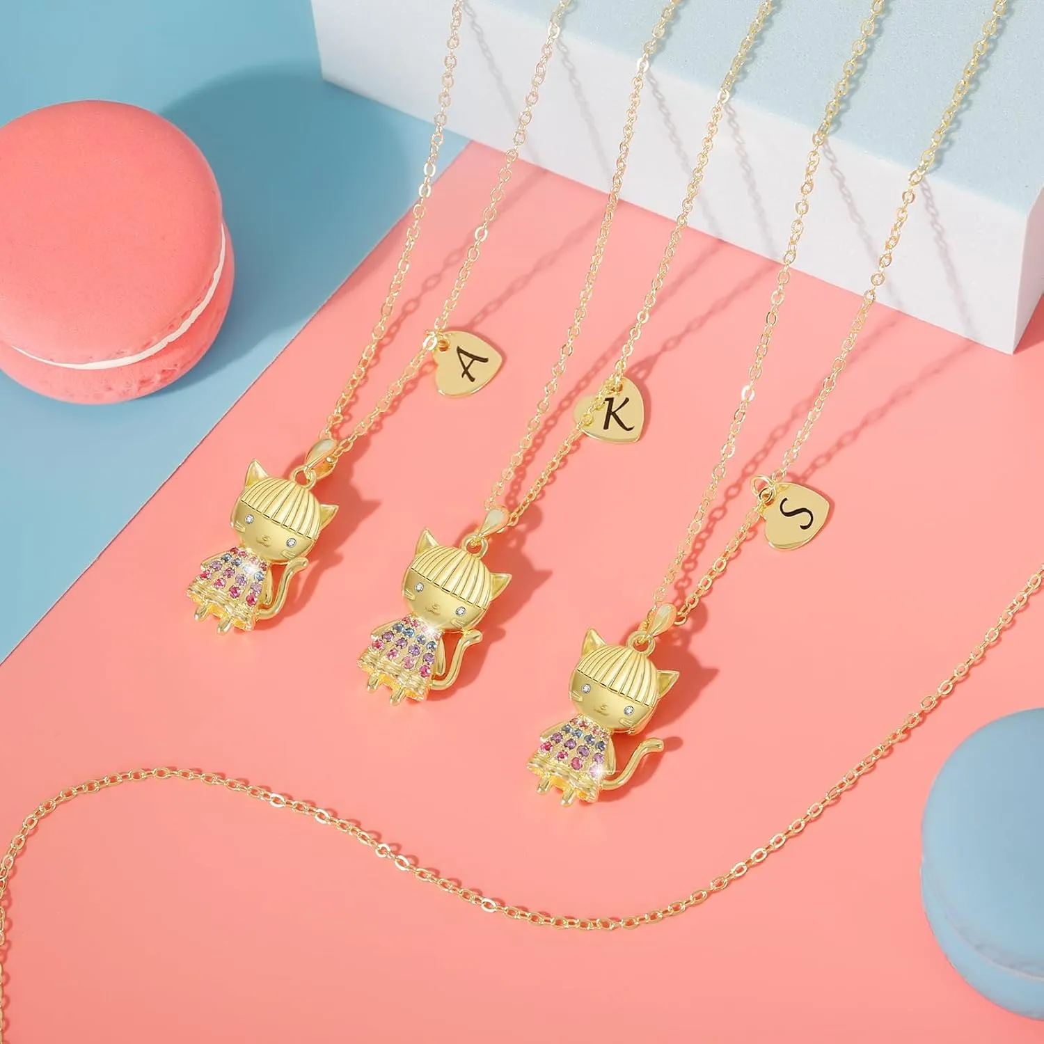 Anime Style 3D Cartoon Cat Girl Necklace for Girls, Kitty Girl Pendant Initial Necklaces for Kids, 14K Gold-Plan Gift for Birthday Party