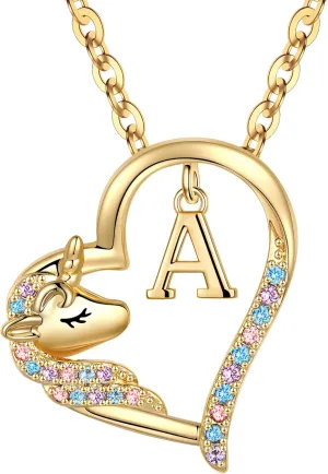 Anoup Unicorn Initial Necklace - 14K Gold Plated Hypoallergenic CZ Simulated Diamond Pendant | Colorful Fashion Jewelry | Birthday Gifts for Girls
