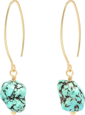 Aobei Pearl Raw Turquoise/Shell Pearl Drop Dangle Earrings 18K Gold Long Hook Wire Threader Earrings for Women Bohemian Ear Jewelry Gift for Her