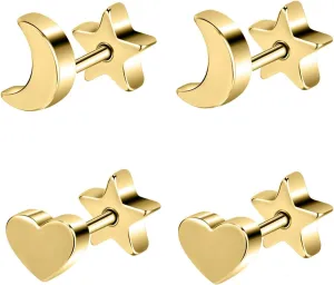 AOEDEJ 2 Pairs Cartilage Earrings for Women Flat Back Earring Hypoallergenic Moon Stars Heart Design Titanium Screwback Cartilage Piercing Birthday Gift for Men