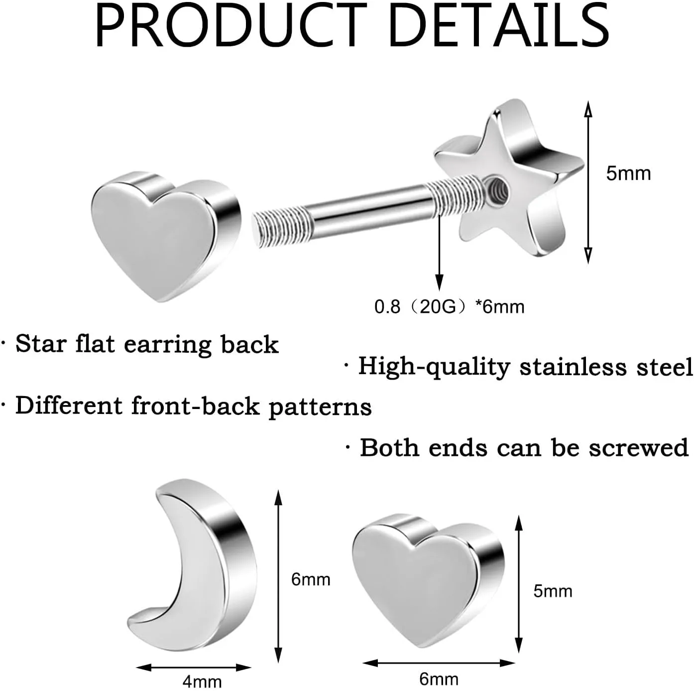 AOEDEJ 2 Pairs Cartilage Earrings for Women Flat Back Earring Hypoallergenic Moon Stars Heart Design Titanium Screwback Cartilage Piercing Birthday Gift for Men
