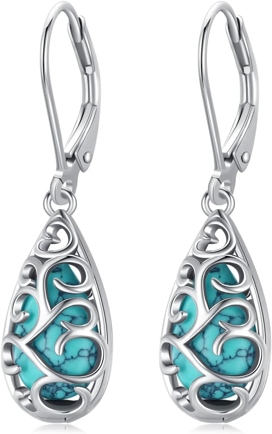 BDL Genuine Turquoise Jewelry for Women, Sterling Silver Earrings and Necklaces for Women, Leverback Dangle Drop Earrings Jewelry