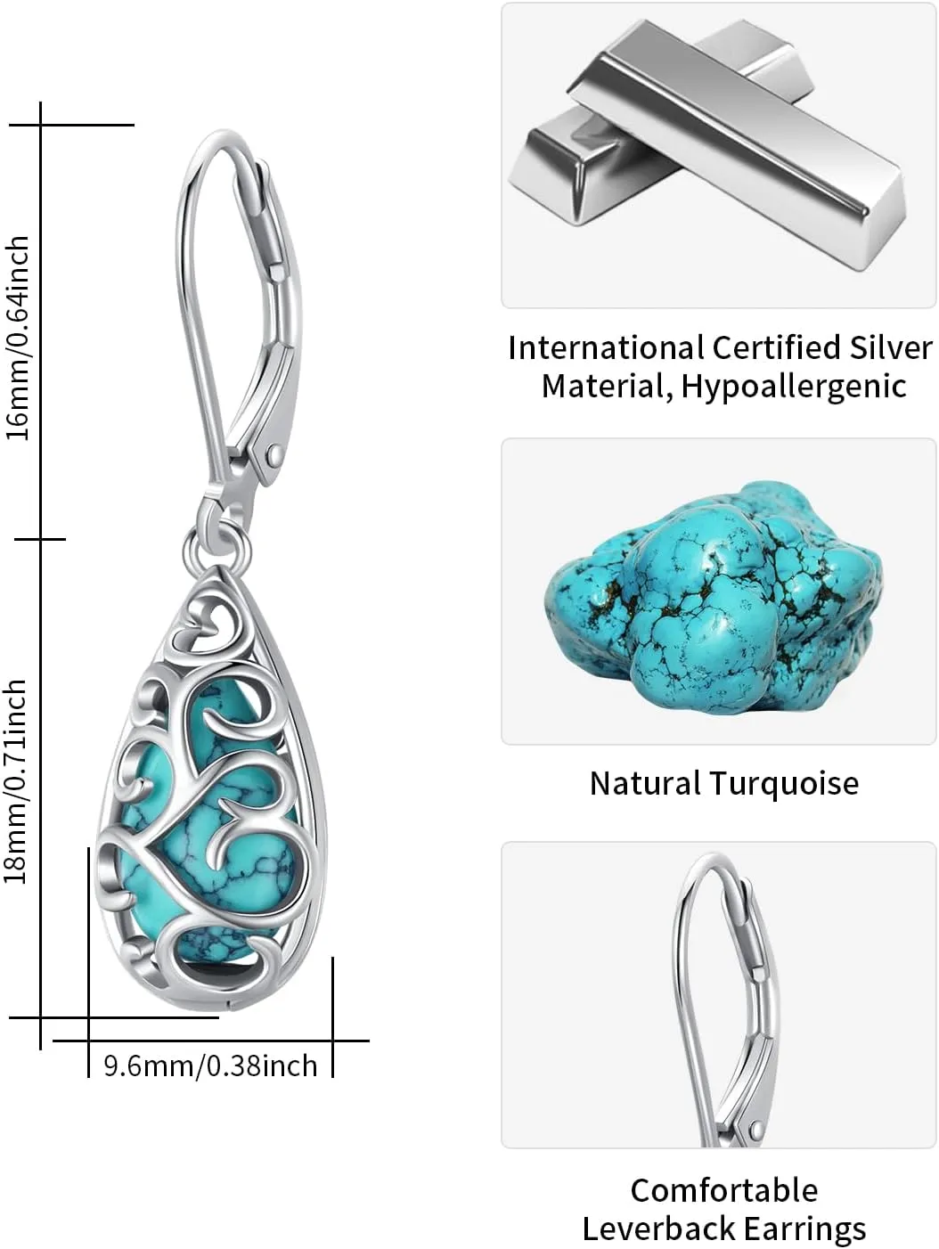 BDL Genuine Turquoise Jewelry for Women, Sterling Silver Earrings and Necklaces for Women, Leverback Dangle Drop Earrings Jewelry