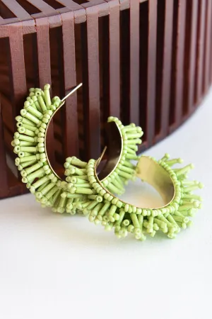BEADED FRINGE HOOP EARRINGS -GREEN