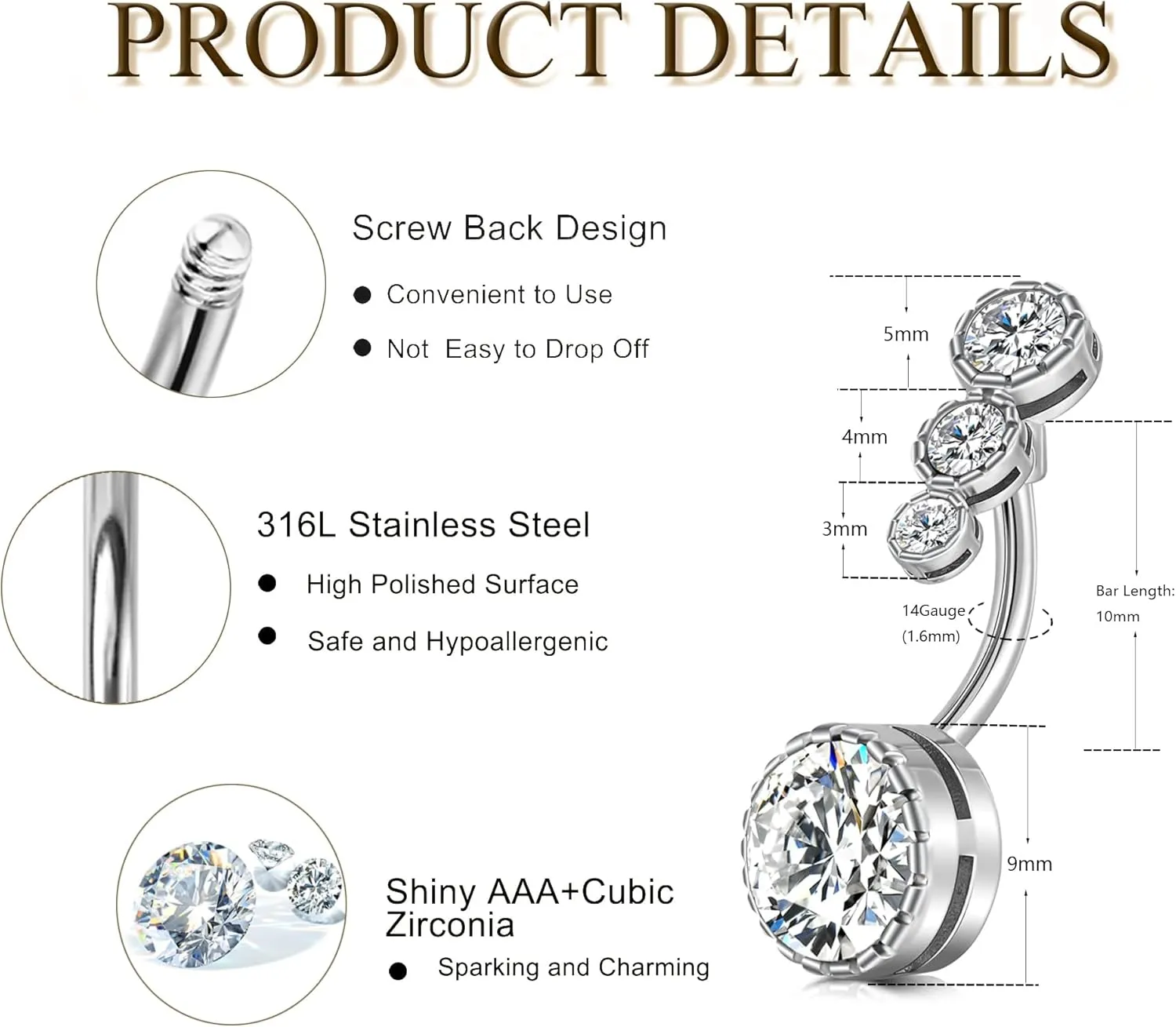 Belly Button Ring Clear Navel Rings Piercing Jewelry For Women Internally Threaded Belly Navel Rings 2pcs Pack Kit 14G