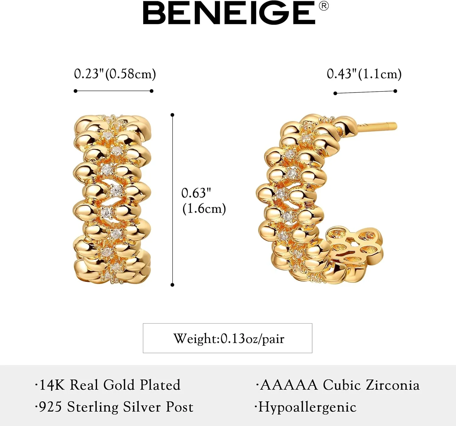 BENEIGE Gold Hoop Earring for Women Dainty 14K Gold Plated Huggie Hoop Earrings With Cubic Zircon Simple Jewelry for Women