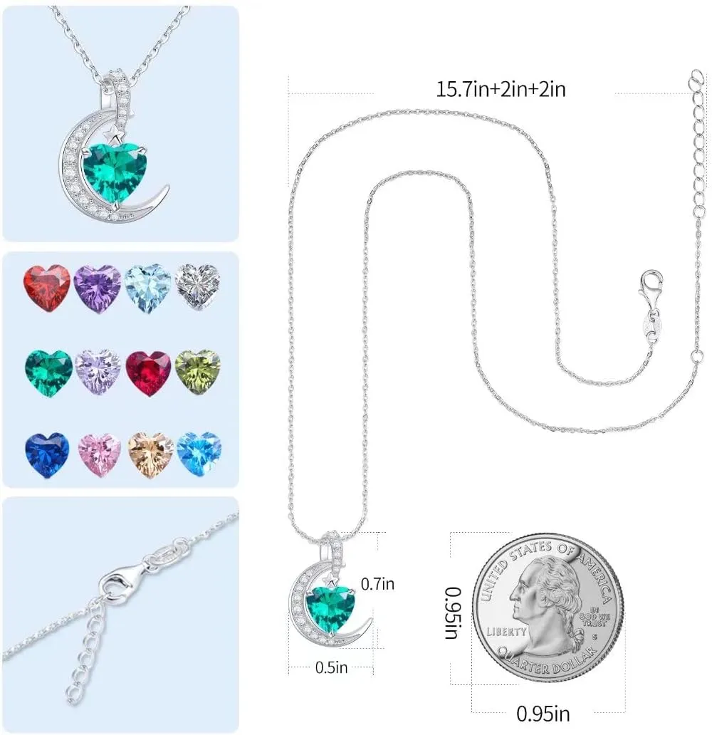 Birthstone Necklace Crescent Moon - Sterling Silver 925 Heart Pendant Dainty Halo Necklaces Birthstones Jewelry for Women Wife Daughter