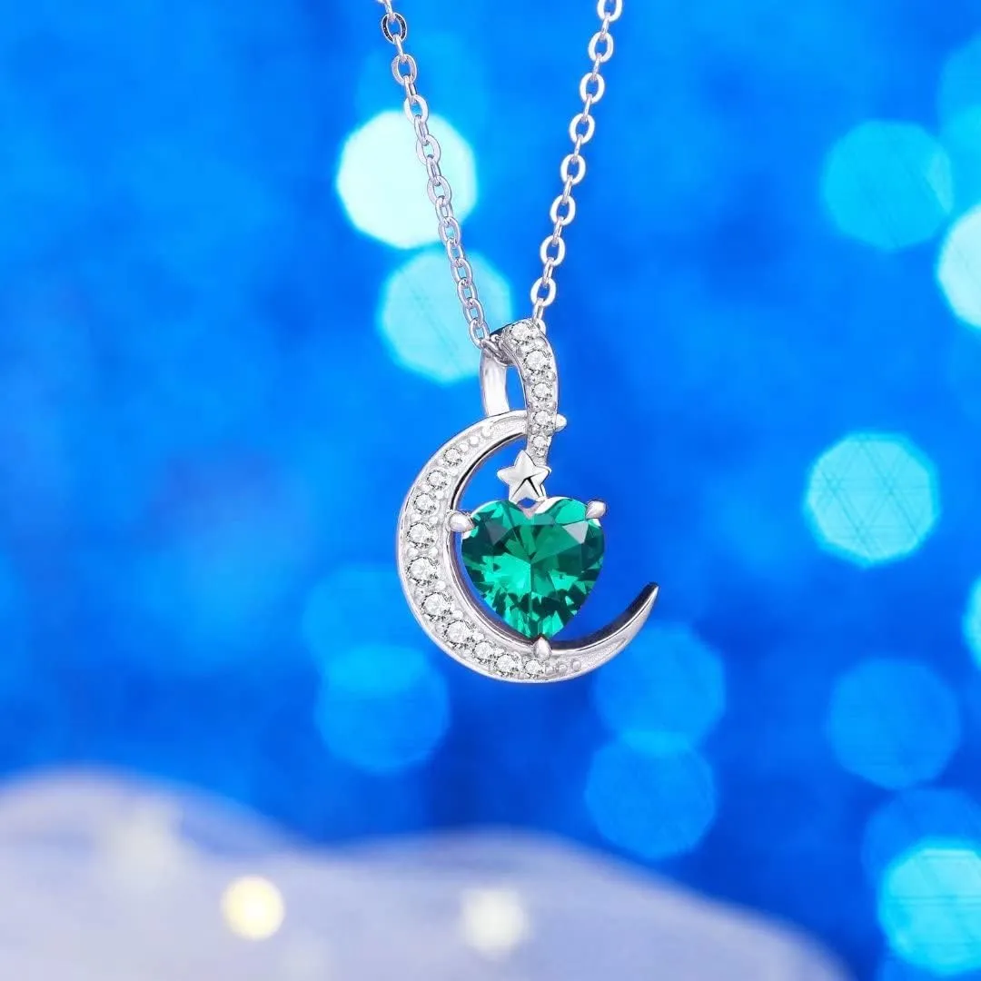 Birthstone Necklace Crescent Moon - Sterling Silver 925 Heart Pendant Dainty Halo Necklaces Birthstones Jewelry for Women Wife Daughter