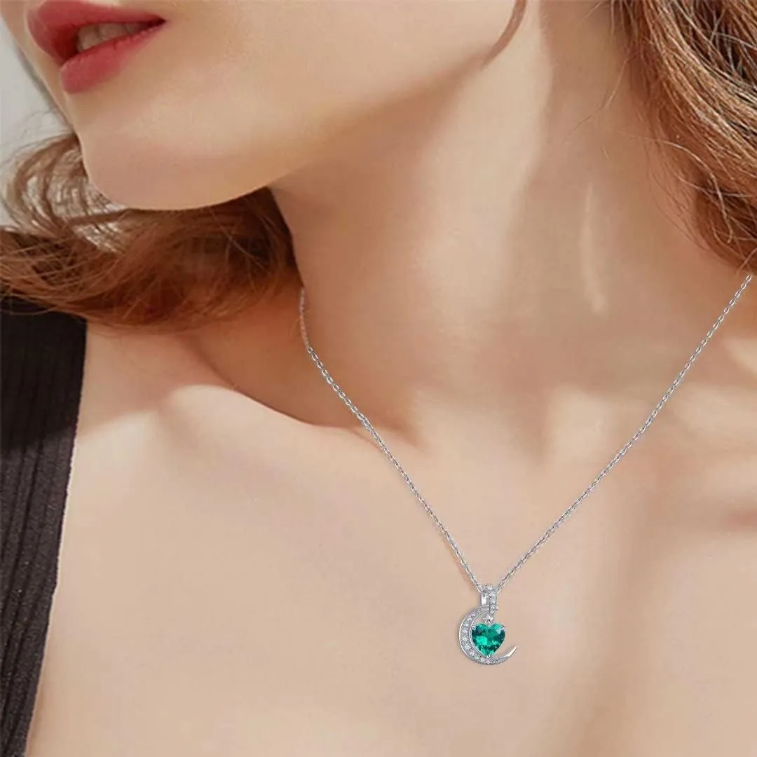 Birthstone Necklace Crescent Moon - Sterling Silver 925 Heart Pendant Dainty Halo Necklaces Birthstones Jewelry for Women Wife Daughter