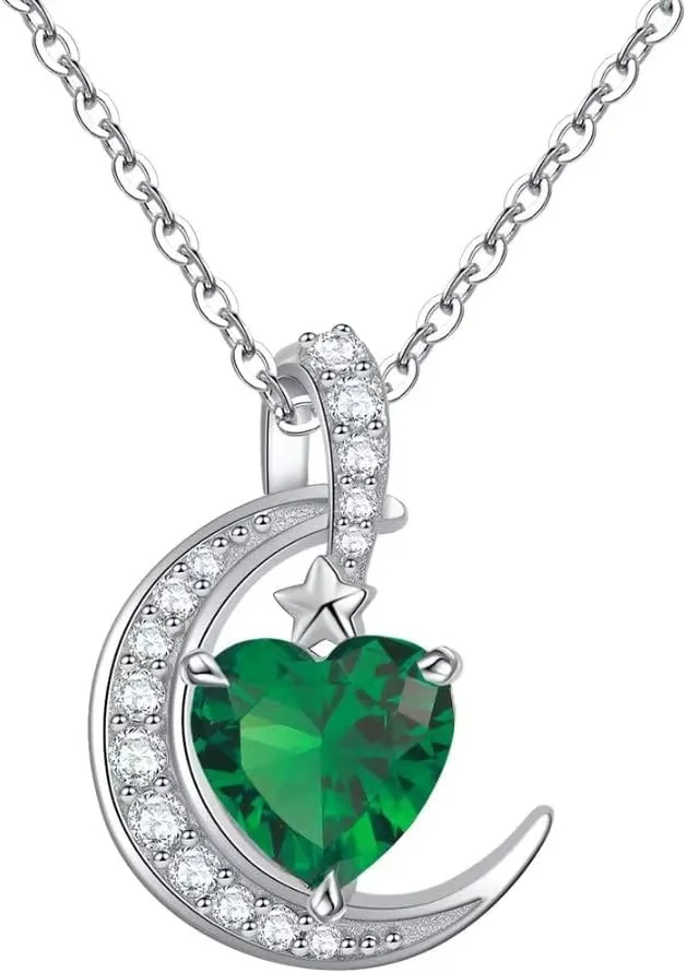 Birthstone Necklace Crescent Moon - Sterling Silver 925 Heart Pendant Dainty Halo Necklaces Birthstones Jewelry for Women Wife Daughter