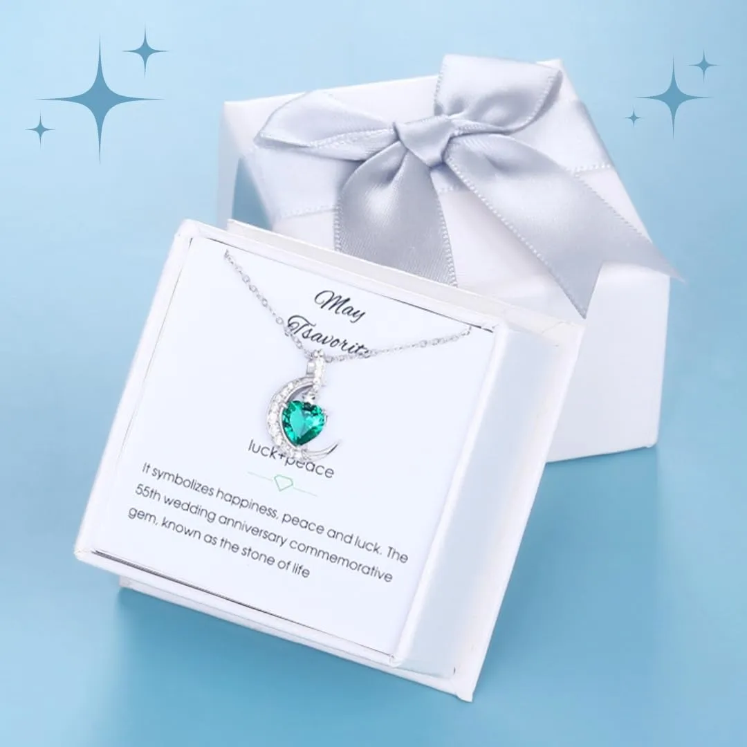 Birthstone Necklace Crescent Moon - Sterling Silver 925 Heart Pendant Dainty Halo Necklaces Birthstones Jewelry for Women Wife Daughter