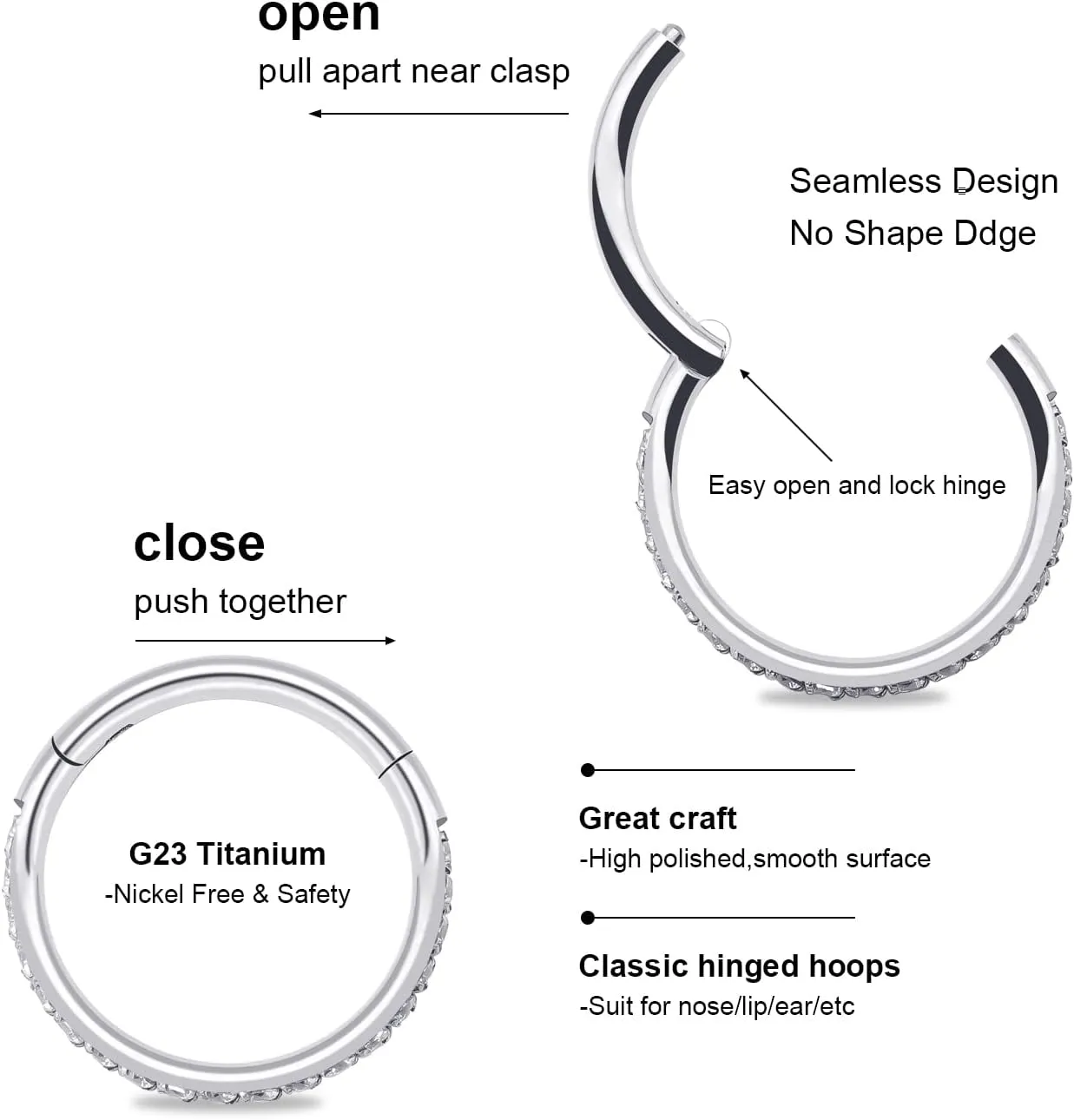BLISI G23 Titanium Nose Rings Hoop Septum Clicker 16G Hinged Nose Segment Ring Hoop 8mm/9mm/10mm Cubic Zirconia Cartilage Earrings Conch Daith Helix Rook Tragus Ear Body Piercing Jewelry