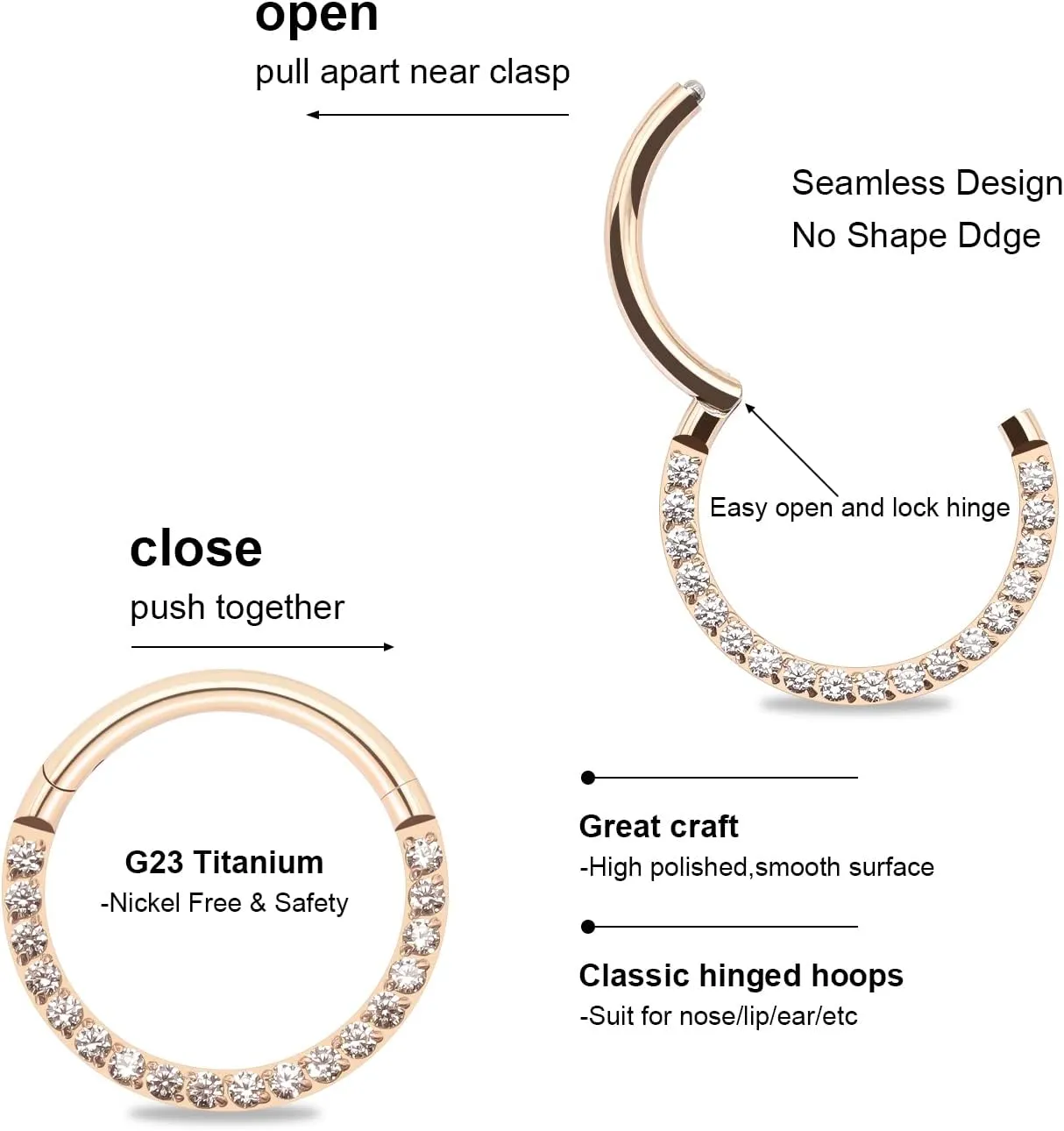 BLISI G23 Titanium Nose Rings Hoop Septum Clicker 16G Hinged Nose Segment Ring Hoop 8mm/9mm/10mm Cubic Zirconia Cartilage Earrings Conch Daith Helix Rook Tragus Ear Body Piercing Jewelry