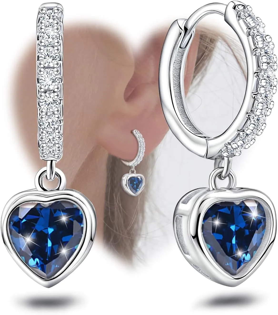 Blue Heart Hoop Earrings with Dangle Sterling Silver Love Heart-Shaped Earrings Trendy Hypoallergenic Cubic Zirconia Hoop Earrings with Dangling Charms Dainty Fashion Loop Earrings for Women Gifts