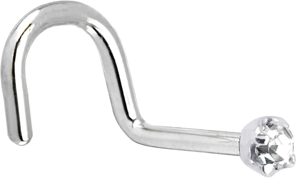 Body Candy Solid 14k White Gold 2mm Clear Cubic Zirconia Right Nose Stud Screw 20 Gauge 1/4"