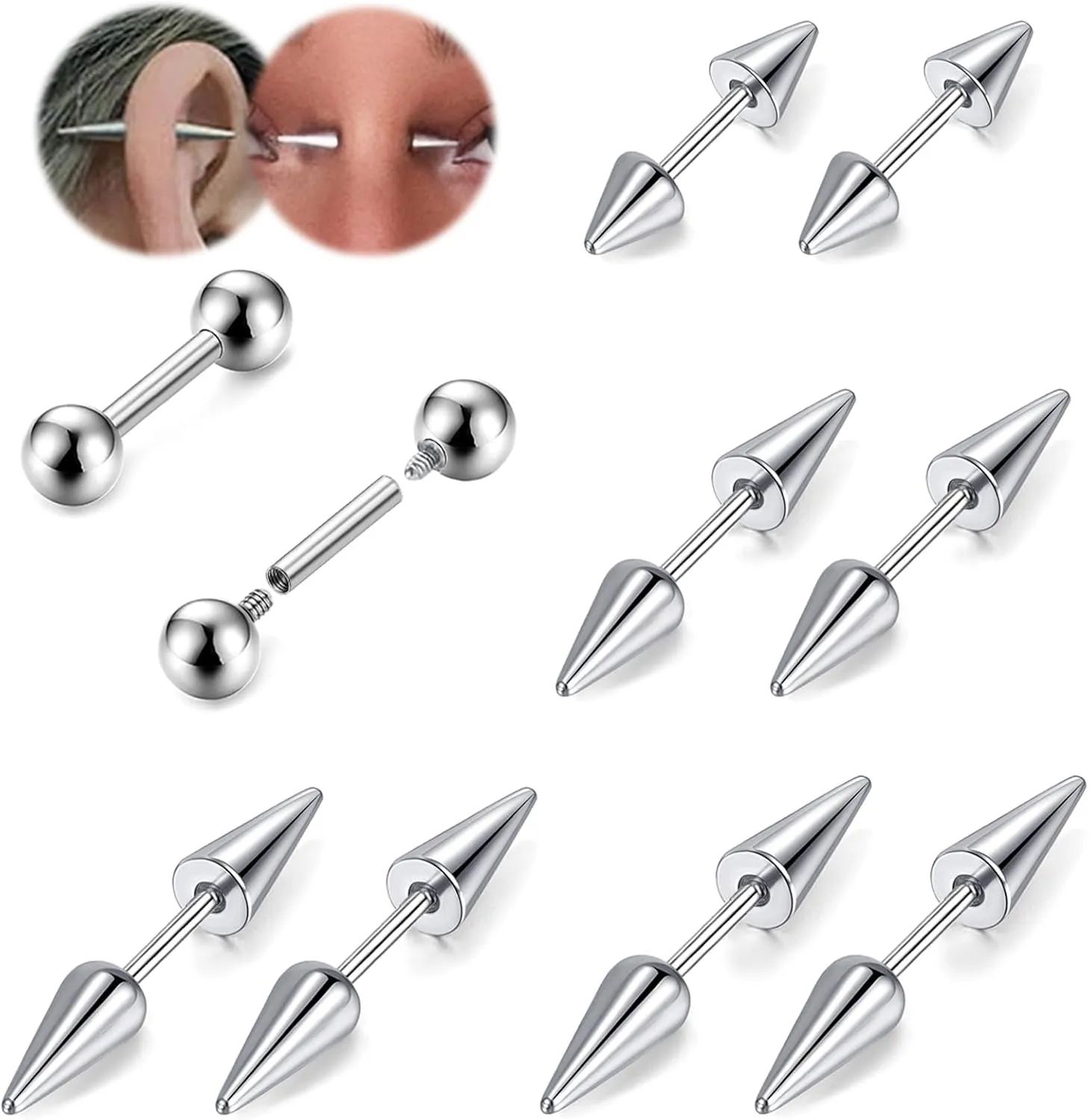 BodyAce 16G 18G Spike Earrings Rook Eyebrow Rings, Internal Threaded Curved Barbells Cartilage Helix Earring, Straight Bar Tragus Lip Piercing Jewelry