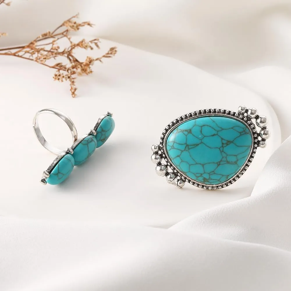 Bohemian Turquoise Ring for Women Western Rings Jewelry Stackable Knuckle Ring Set Vintage Rose Leaf Ring Set for Women